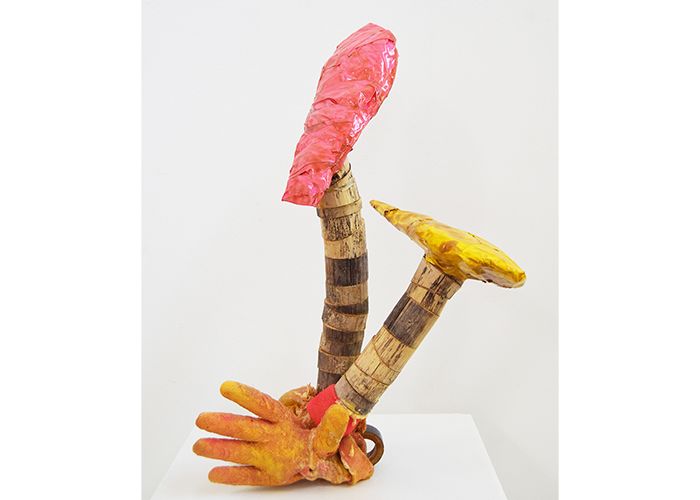 Hands & Feet, 2020 (Bamboo, rubber gloves, cardboard, duct tape, and shellac, 20 by 13 by 11 inches) by Coleen Sterritt