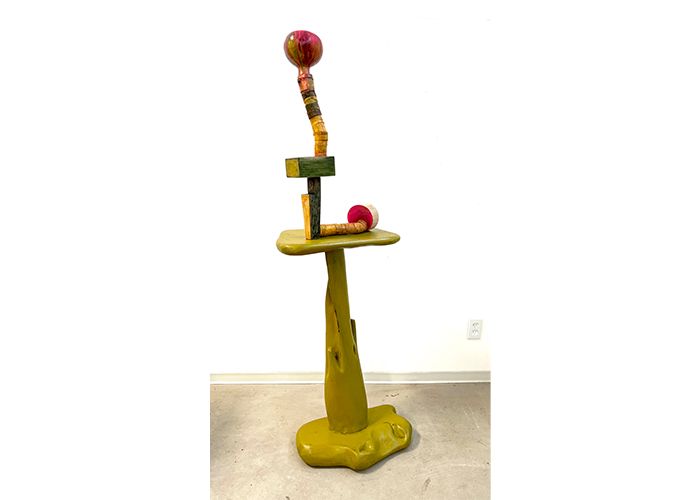 LongTall, 2021, (Wood, bamboo, dried gourd, vinyl, ink, acrylic paint, 25.5 by 12 by 12 inches)