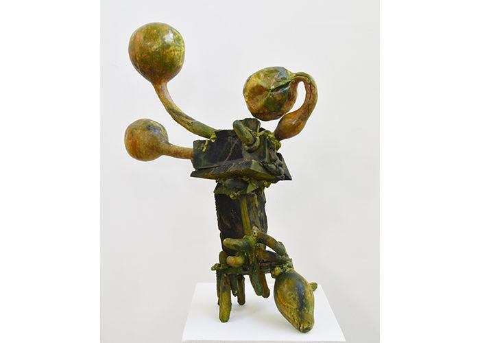 SweePea, 2022 (Wood, found natural objects, rubber gloves, spray foam, paint, ink, 29 by 22 by 12 inches)