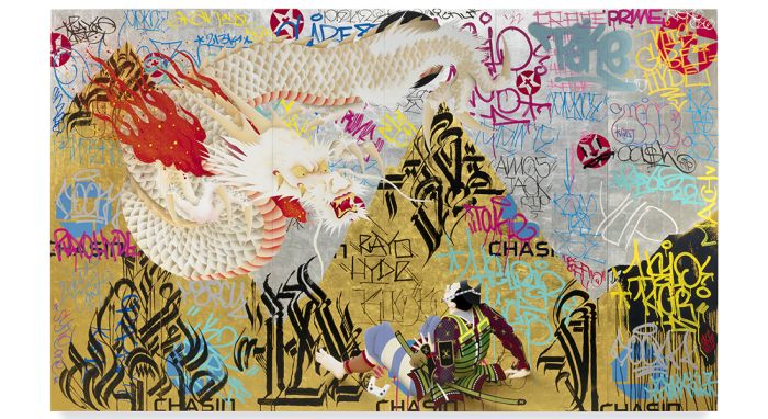 Game of Drones, 2022 by Gajin Fujita (spray paint, 12K and 23.75K gold leaf, acrylic, streaks, Metalhead paint markers, and paint markers on six wood panels, 72 by 120 inches). Photo courtesy L.A. Louver.