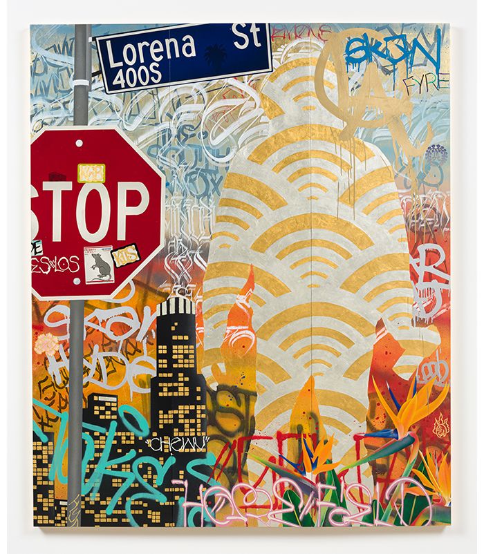 Home Field LA, 2020 by Gajin Fuita (24k gold leaf, 12k white gold leaf, spray paint, acrylics, paint markers, and Sakura streak markers on three wood panels, 72 by 60 inches). Photograph courtesy L.A. Louver.