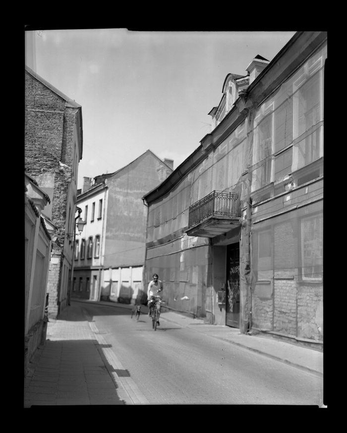 Jonas Kulikauskas, From the series, I Often Forget, 2021, the former Vilnius Ghetto Library facade, Žemaitijos Street, Vilnius, Lithuania. (Silver gelatin contact print using newly constructed camera with World War II era lens, 8 by 10 inches)