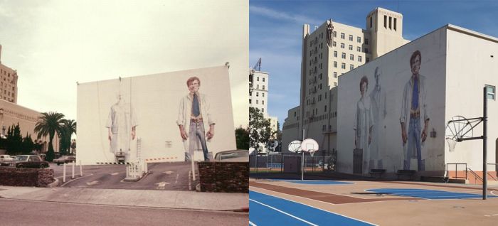 Otis alumnx Kent Twitchell's mural Holy Trinity with the Virgin at Otis’s MacArthur Park campus, left, which eventually became the Charles White Elementary School, right.