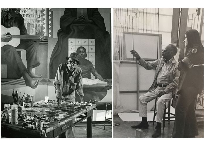 Otis College faculty member Charles White in his studio, left, and with former student Judithe Hernandez (’74 BFA Fine Arts), right.
