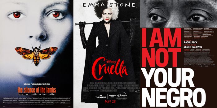 Movie posters for The Silence of the Lambs and Cruella by BLT Communications (right and center), and I Am Not Your Negro by Gravilis Inc.